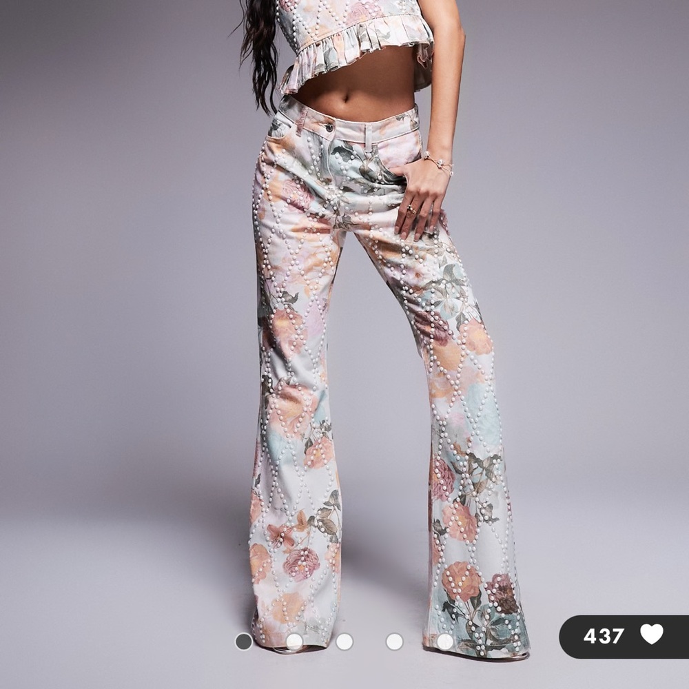 Floral Beaded wide leg jeans